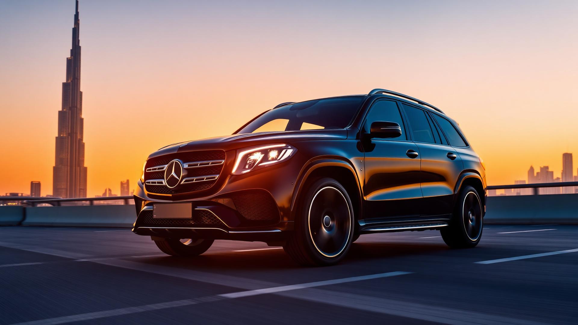 Luxury SUV on a Dubai highway at sunset with the Burj Khalifa in the background
